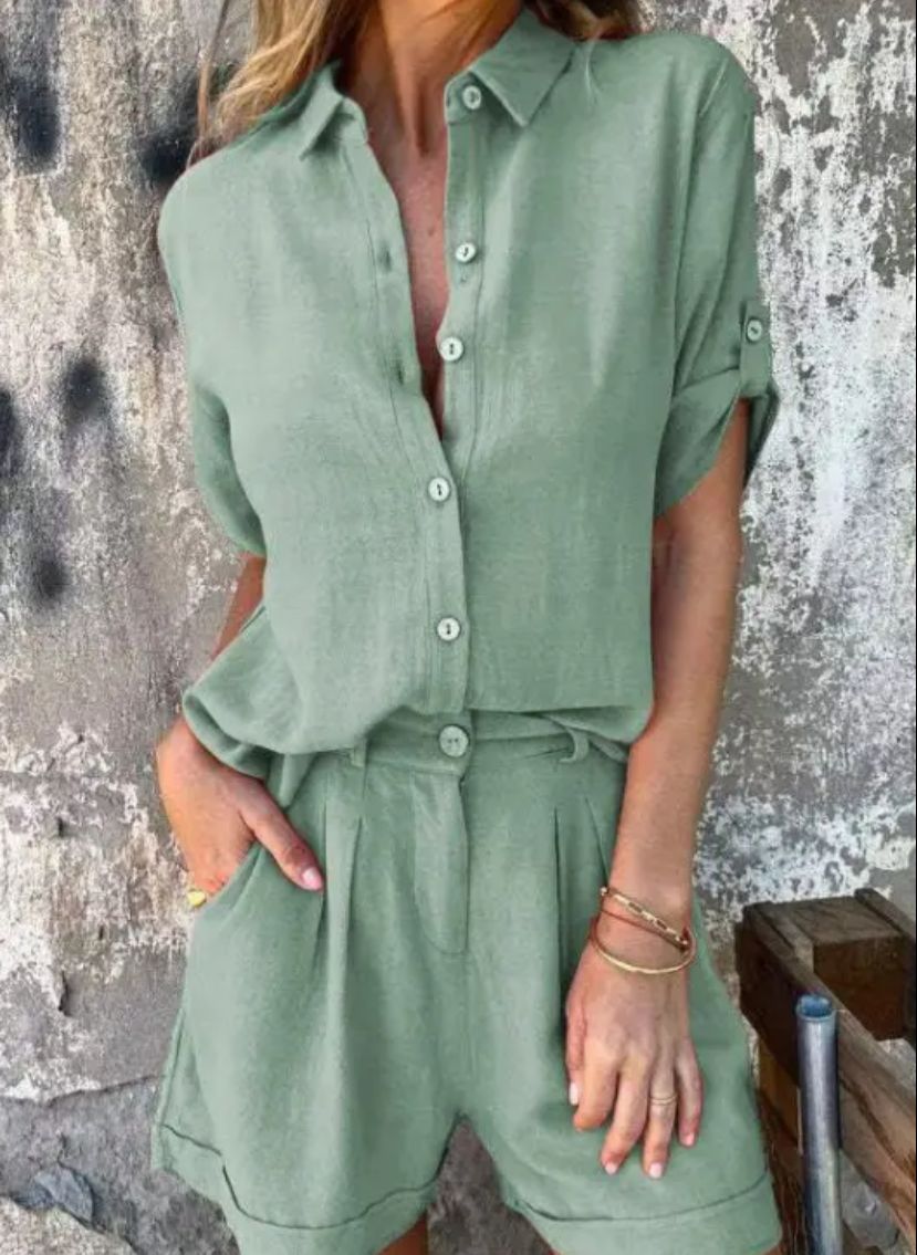 Women's Button-Up Shirt and Shorts Two-Piece Set