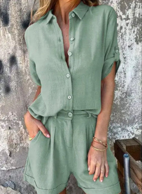 Women's Button-Up Shirt and Shorts Two-Piece Set
