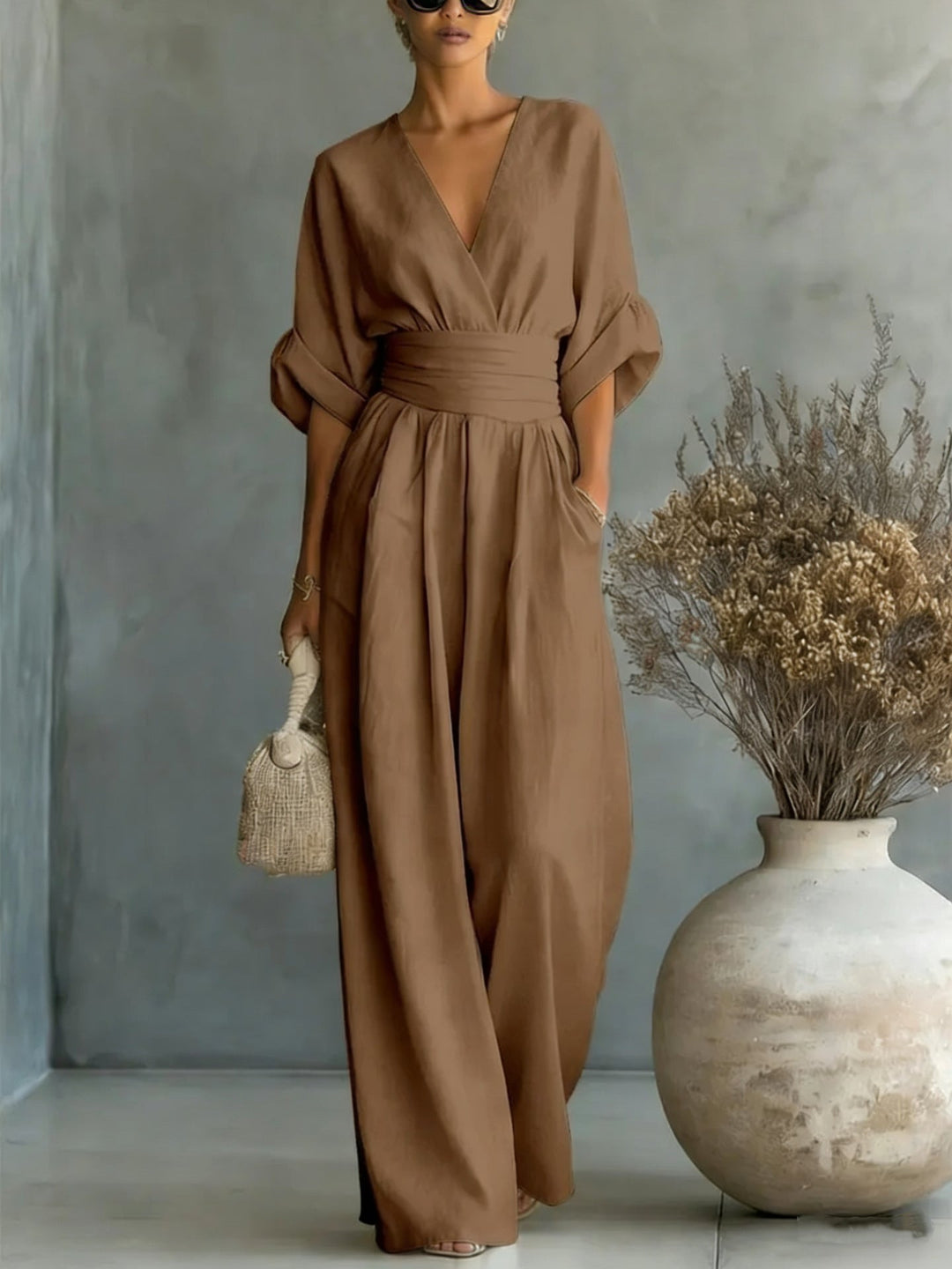 Women's V-Neck Pleated Waist Wide Leg Jumpsuit