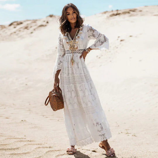 Women's Bohemian Lace Maxi Dress with Tassel Detail