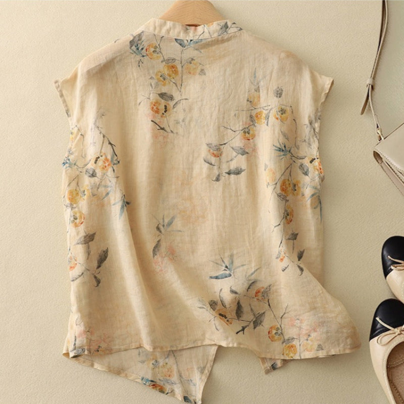 Women's Vintage Floral Linen Blend Blouse with Asymmetrical Button Detail