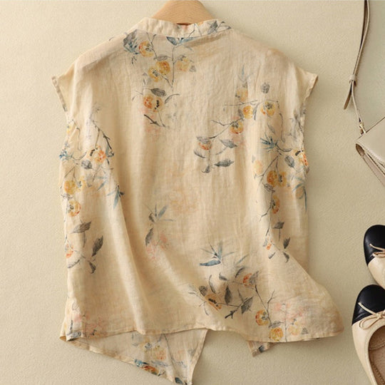 Women's Vintage Floral Linen Blend Blouse with Asymmetrical Button Detail