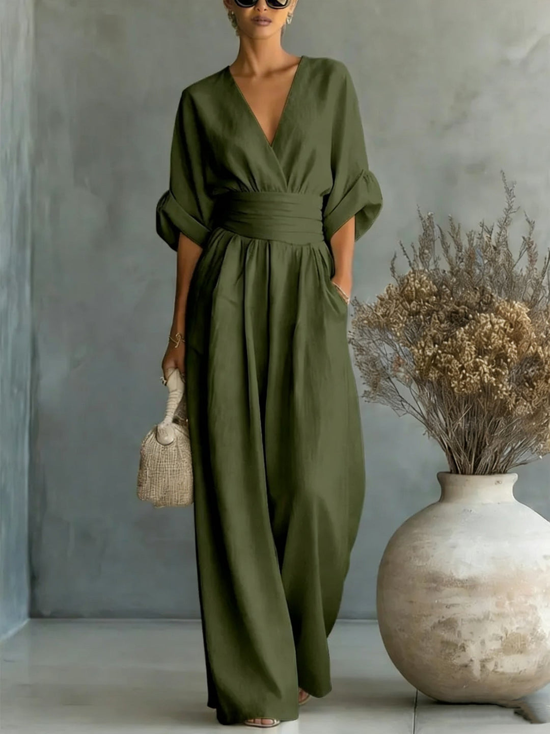 Women's V-Neck Pleated Waist Wide Leg Jumpsuit