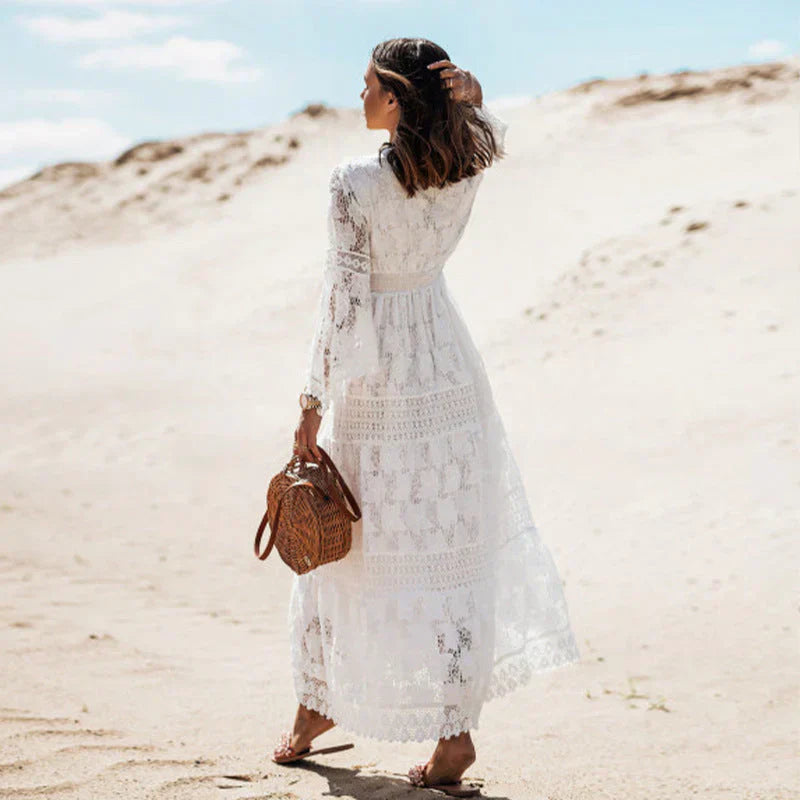 Damen bohemian Maxikleid aus Spitze mit Quasten-Detail