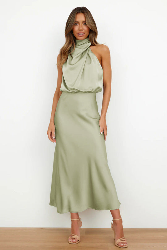 Women's Elegant Satin High Neck Sleeveless Midi Dress