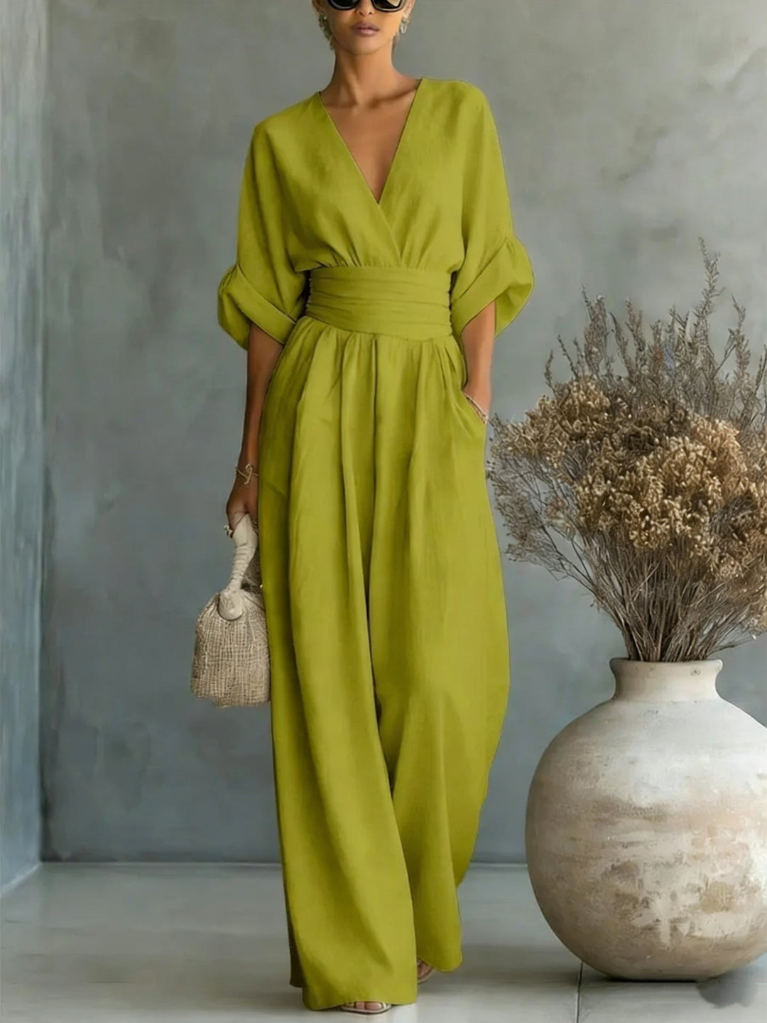 Women's V-Neck Pleated Waist Wide Leg Jumpsuit