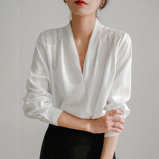 Damen elegantes V-Ausschnitt-Bluse mit langen Ärmeln