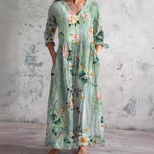 Women's Vintage Printed Maxi Dress with Side Pockets