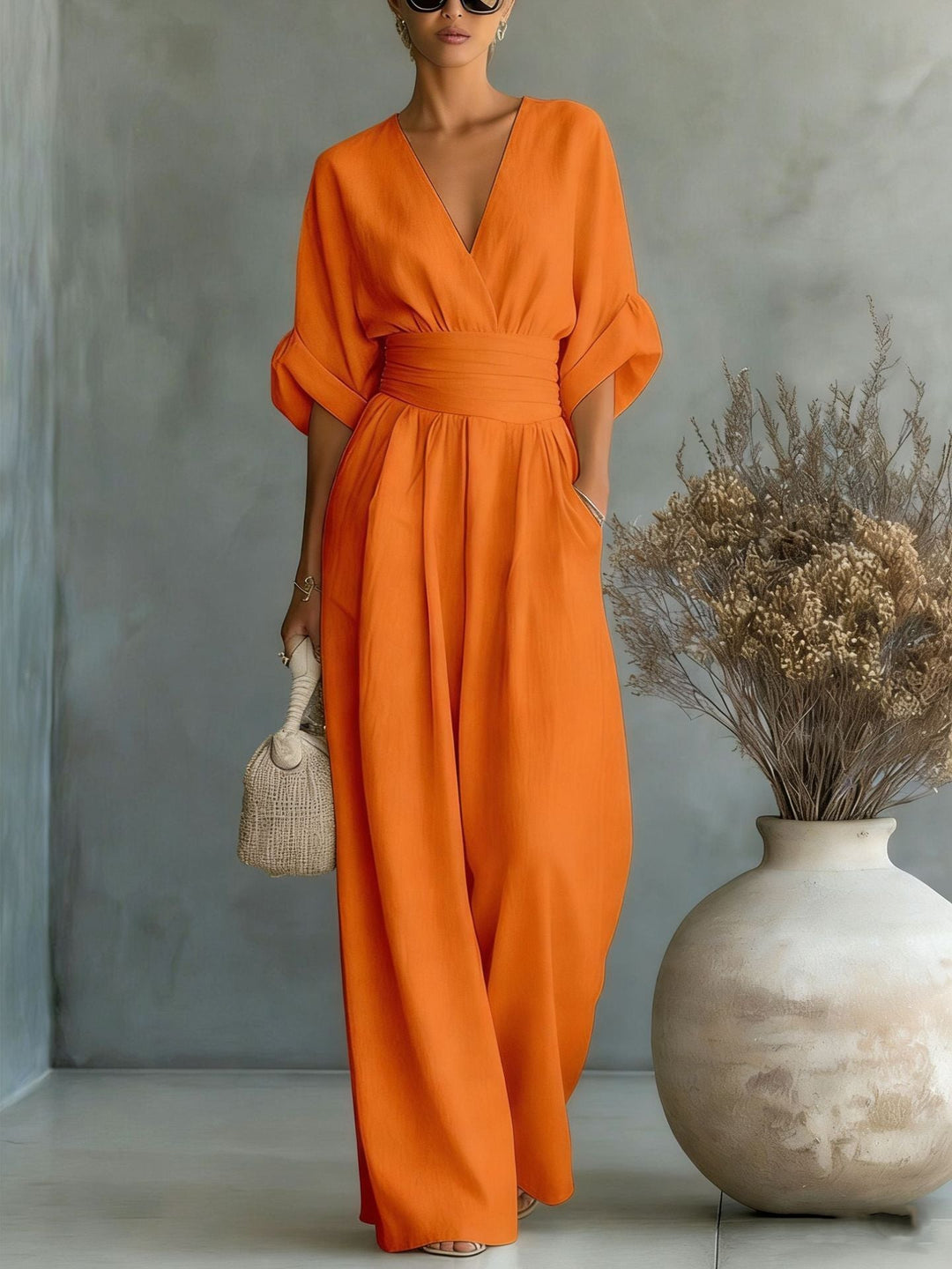 Women's V-Neck Pleated Waist Wide Leg Jumpsuit