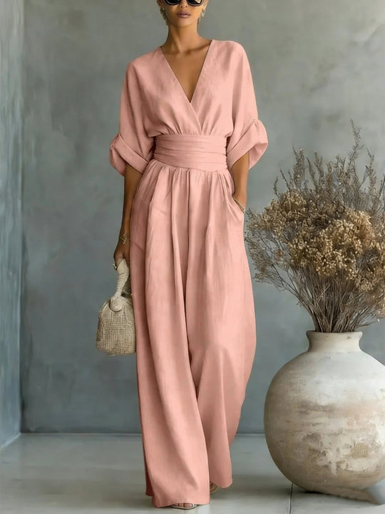 Women's V-Neck Pleated Waist Wide Leg Jumpsuit