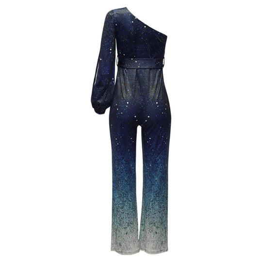 Women's One-Shoulder Ombre Sequin Evening Jumpsuit