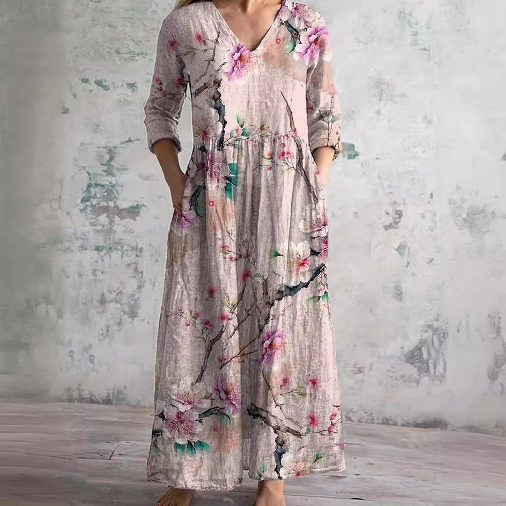 Women's Vintage Printed Maxi Dress with Side Pockets