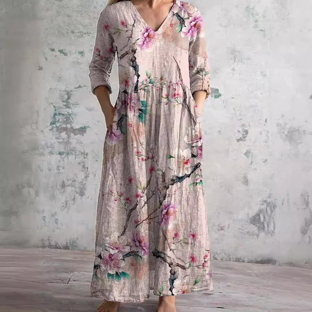 Women's Vintage Printed Maxi Dress with Side Pockets