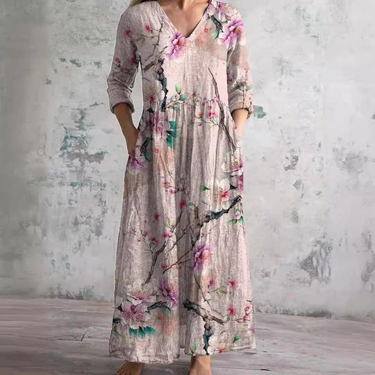 Women's Vintage Printed Maxi Dress with Side Pockets