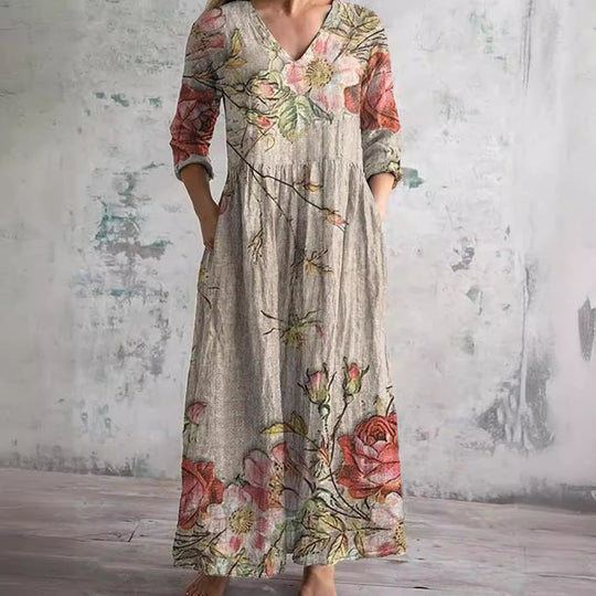 Women's Vintage Printed Maxi Dress with Side Pockets