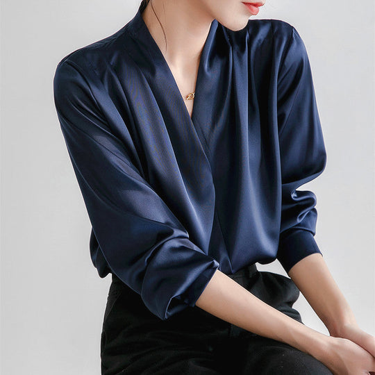 Damen elegantes V-Ausschnitt-Bluse mit langen Ärmeln