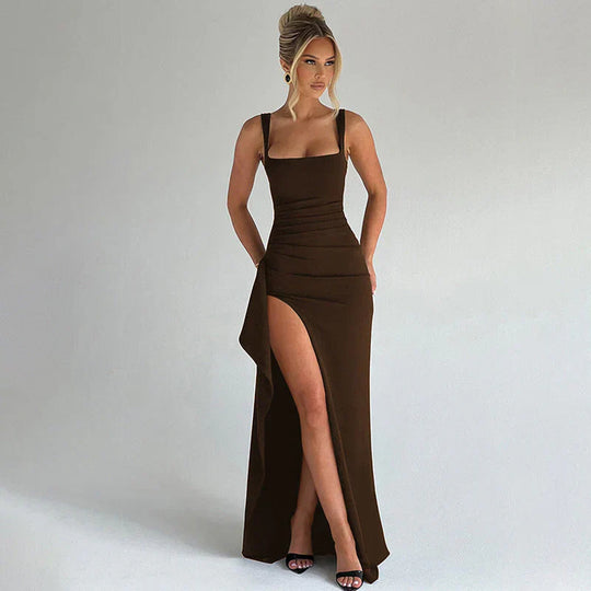 Women's Elegant Ruched Maxi Dress with High Slit