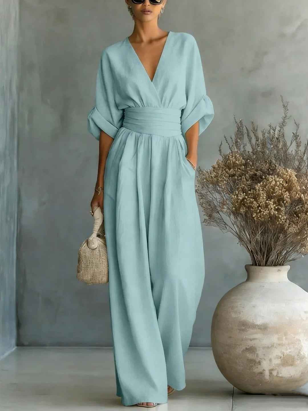 Women's V-Neck Pleated Waist Wide Leg Jumpsuit