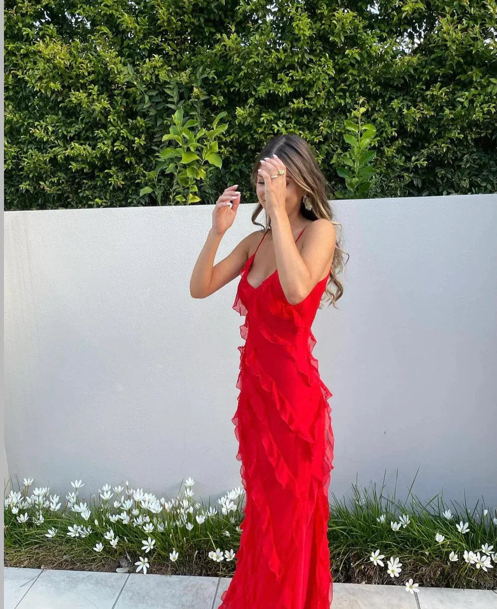 Women's Ruffle Detail Spaghetti Strap Maxi Dress