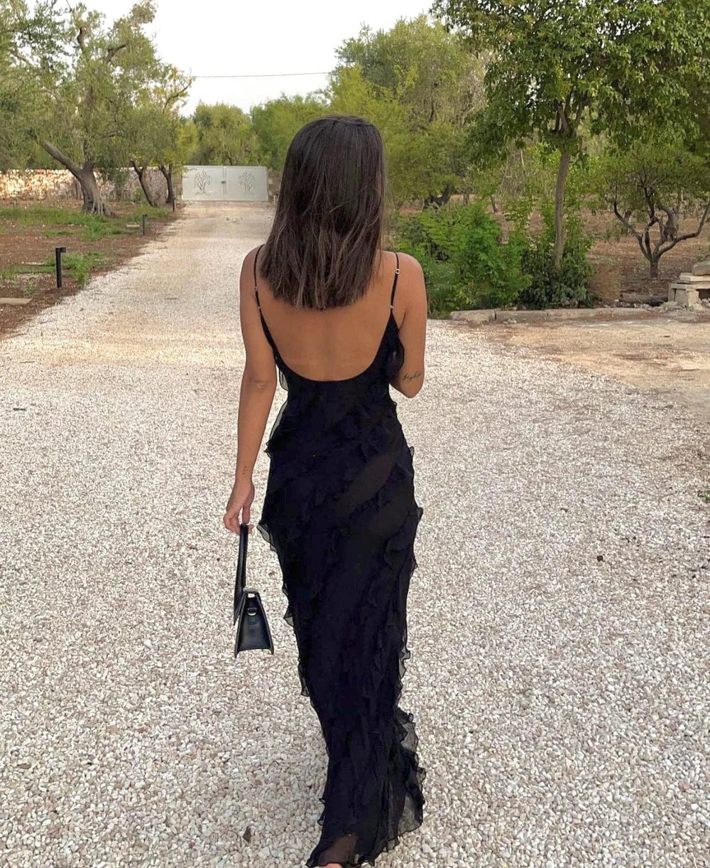 Women's Ruffle Detail Spaghetti Strap Maxi Dress