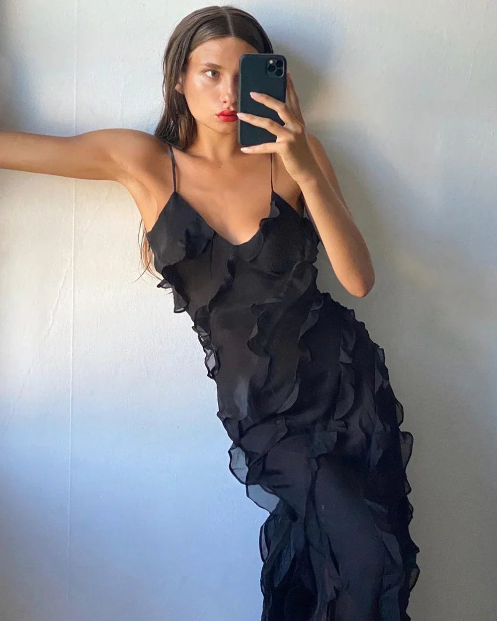 Women's Ruffle Detail Spaghetti Strap Maxi Dress