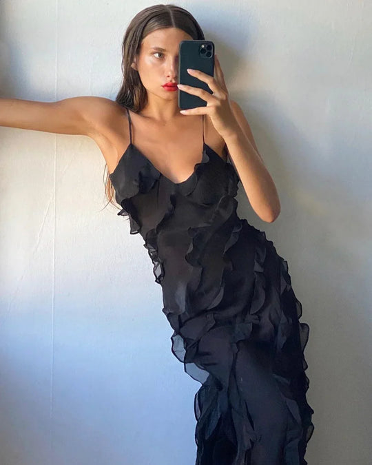 Women's Ruffle Detail Spaghetti Strap Maxi Dress