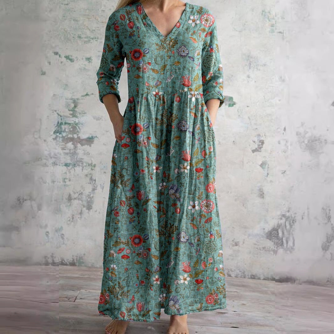 Women's Vintage Printed Maxi Dress with Side Pockets