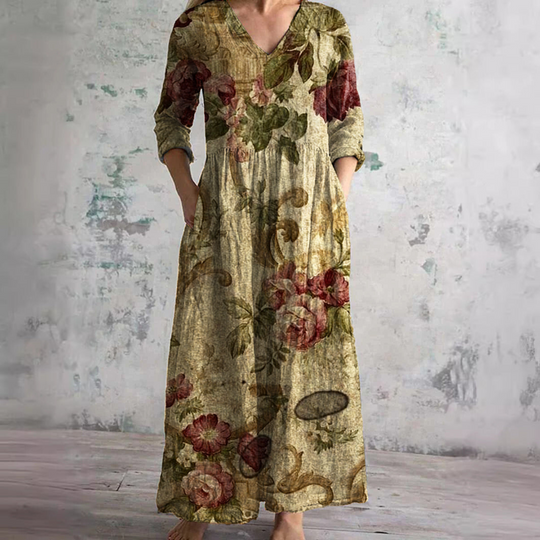 Women's Vintage Printed Maxi Dress with Side Pockets