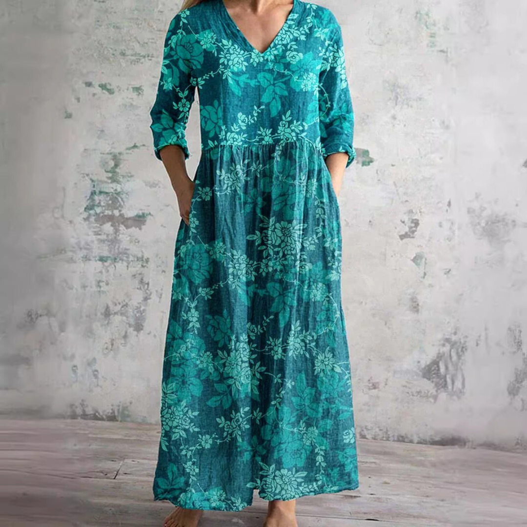 Women's Vintage Printed Maxi Dress with Side Pockets