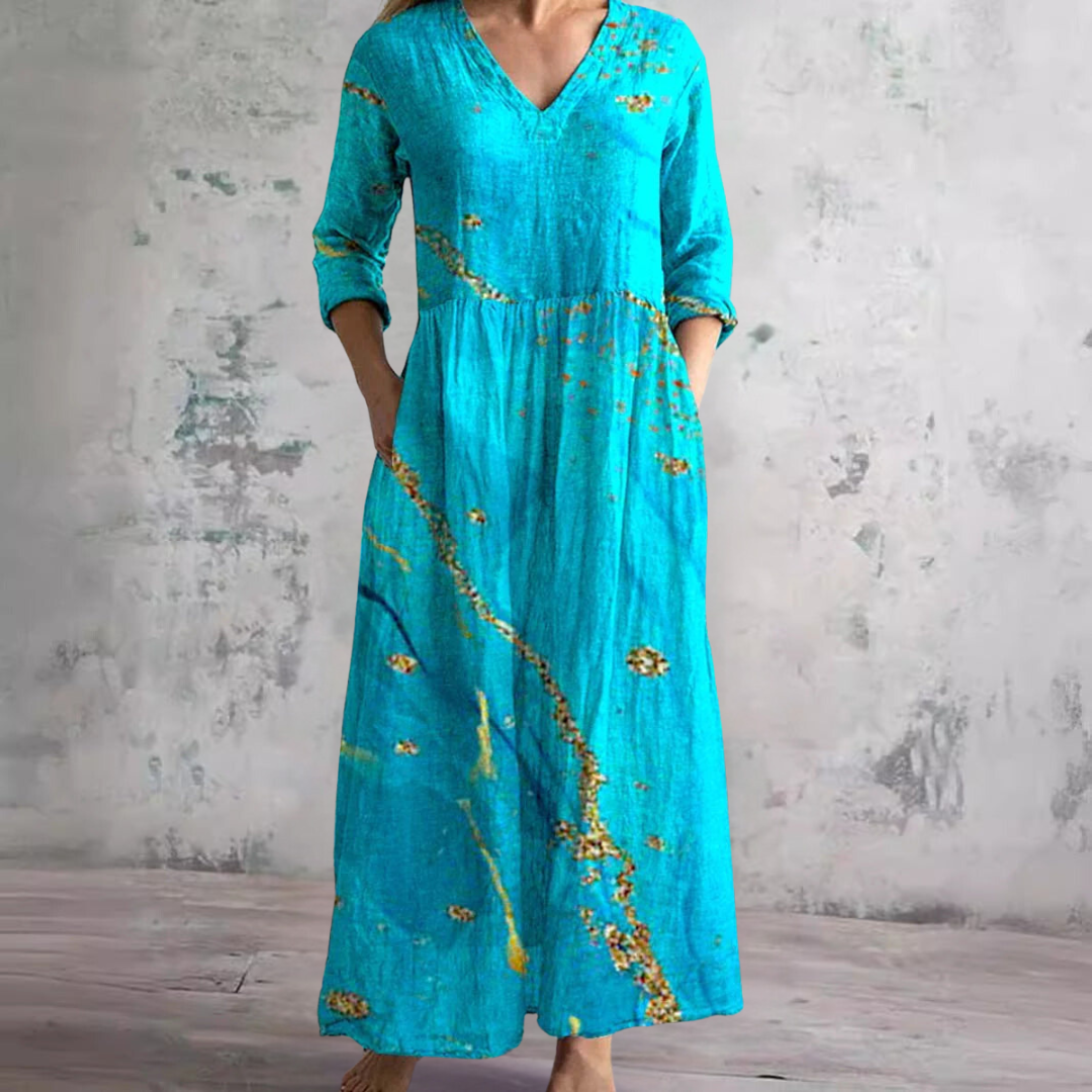 Women's Vintage Printed Maxi Dress with Side Pockets