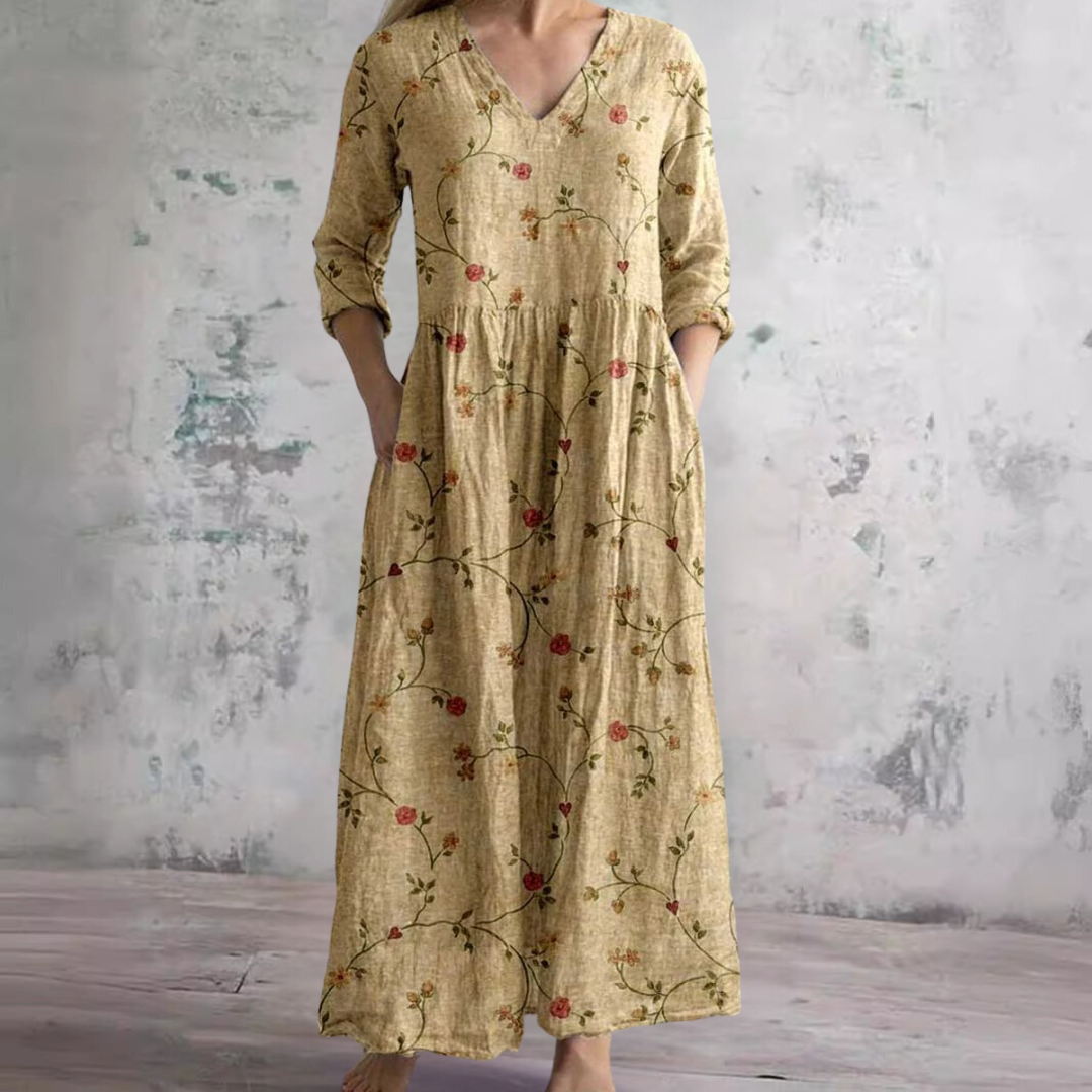 Women's Vintage Printed Maxi Dress with Side Pockets