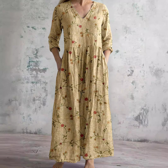 Women's Vintage Printed Maxi Dress with Side Pockets