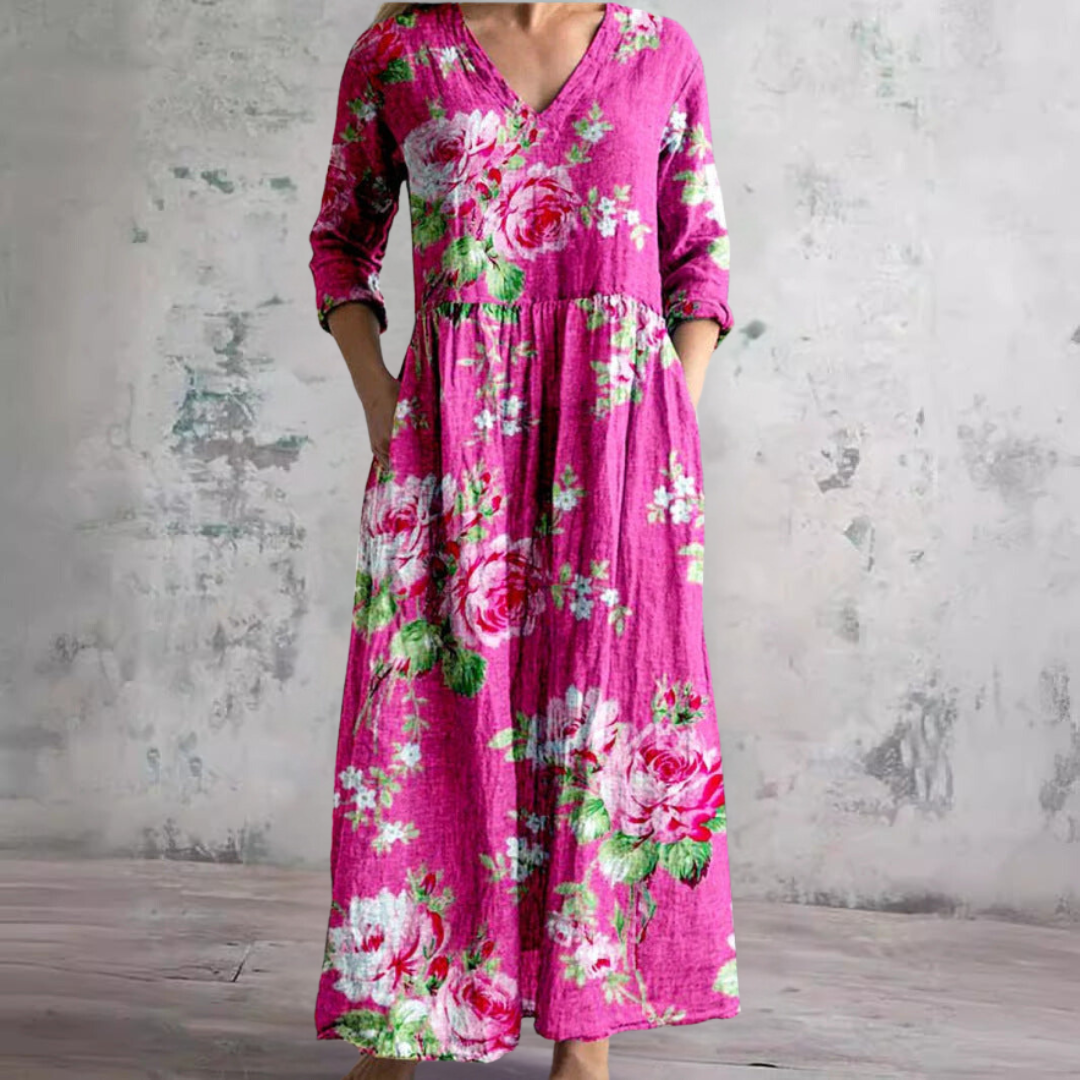 Women's Vintage Printed Maxi Dress with Side Pockets