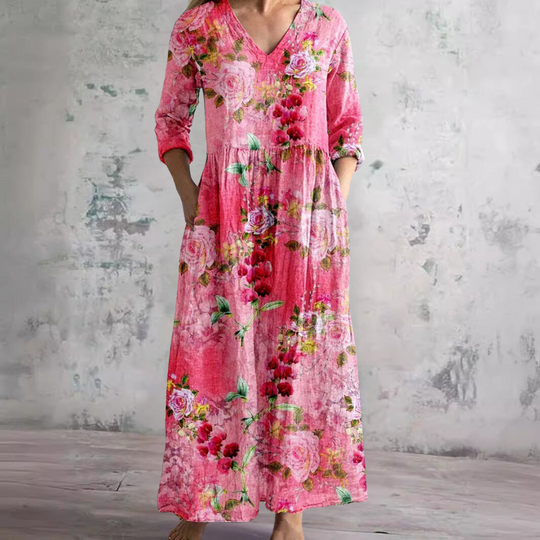 Women's Vintage Printed Maxi Dress with Side Pockets