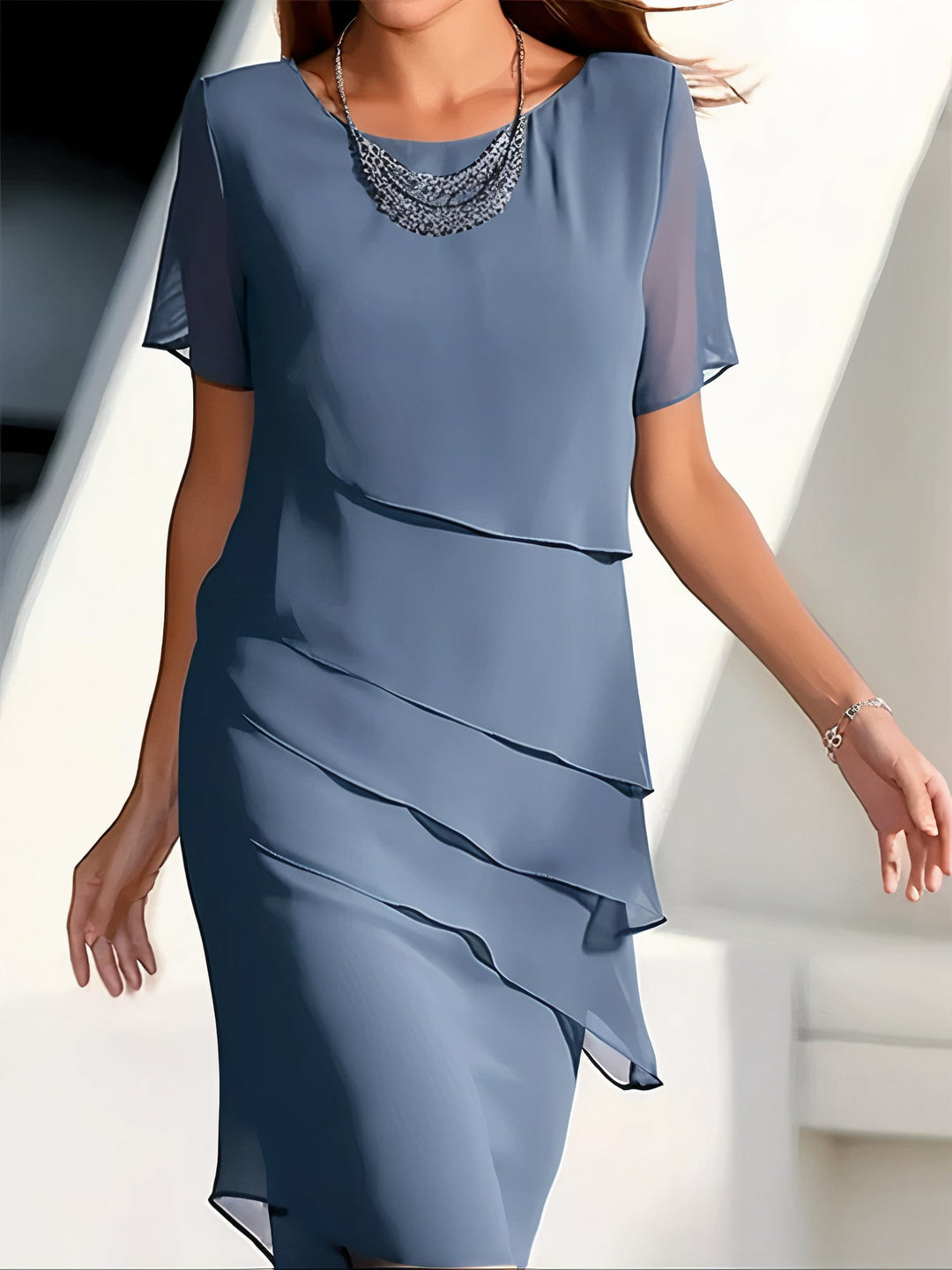 Women's Layered Chiffon Round Neck Midi Dress