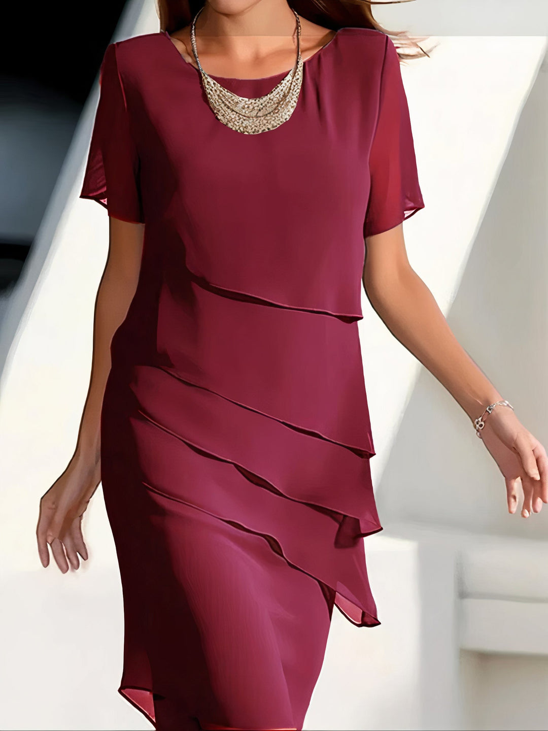 Women's Layered Chiffon Round Neck Midi Dress