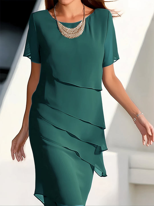 Women's Layered Chiffon Round Neck Midi Dress