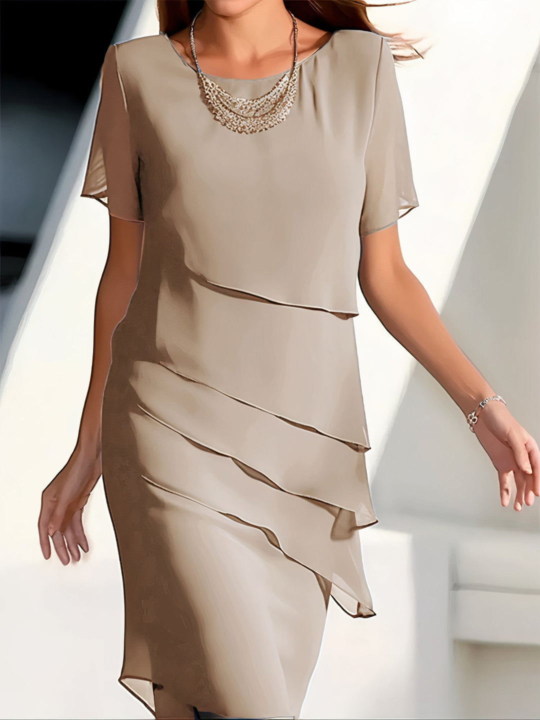 Women's Layered Chiffon Round Neck Midi Dress