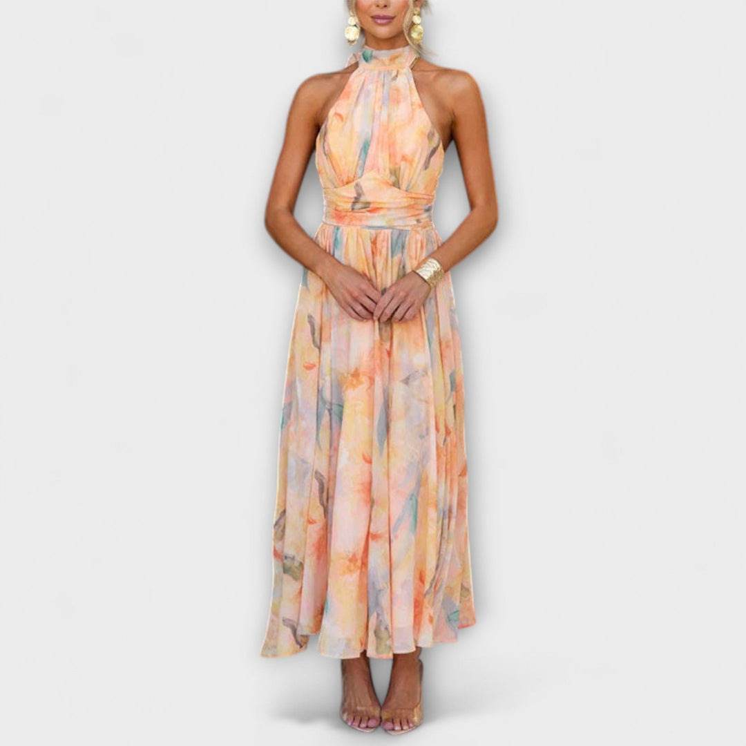 Women's Watercolor Halter Neck Pleated Maxi Dress