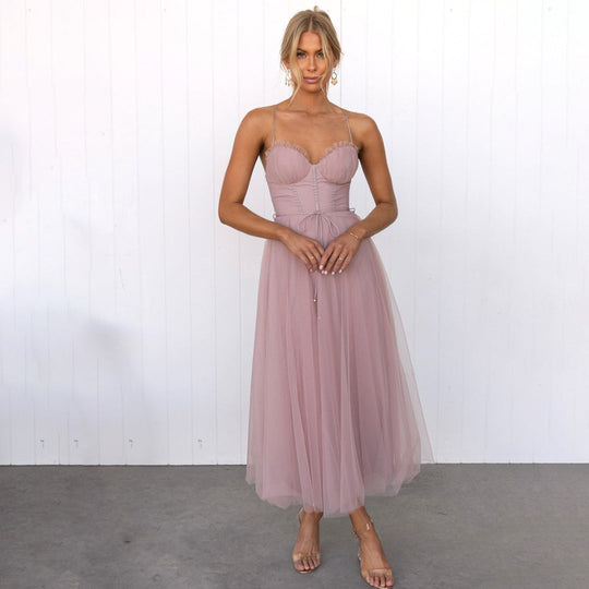 Women's Romantic Corset Tulle Midi Dress with Ruched Bust