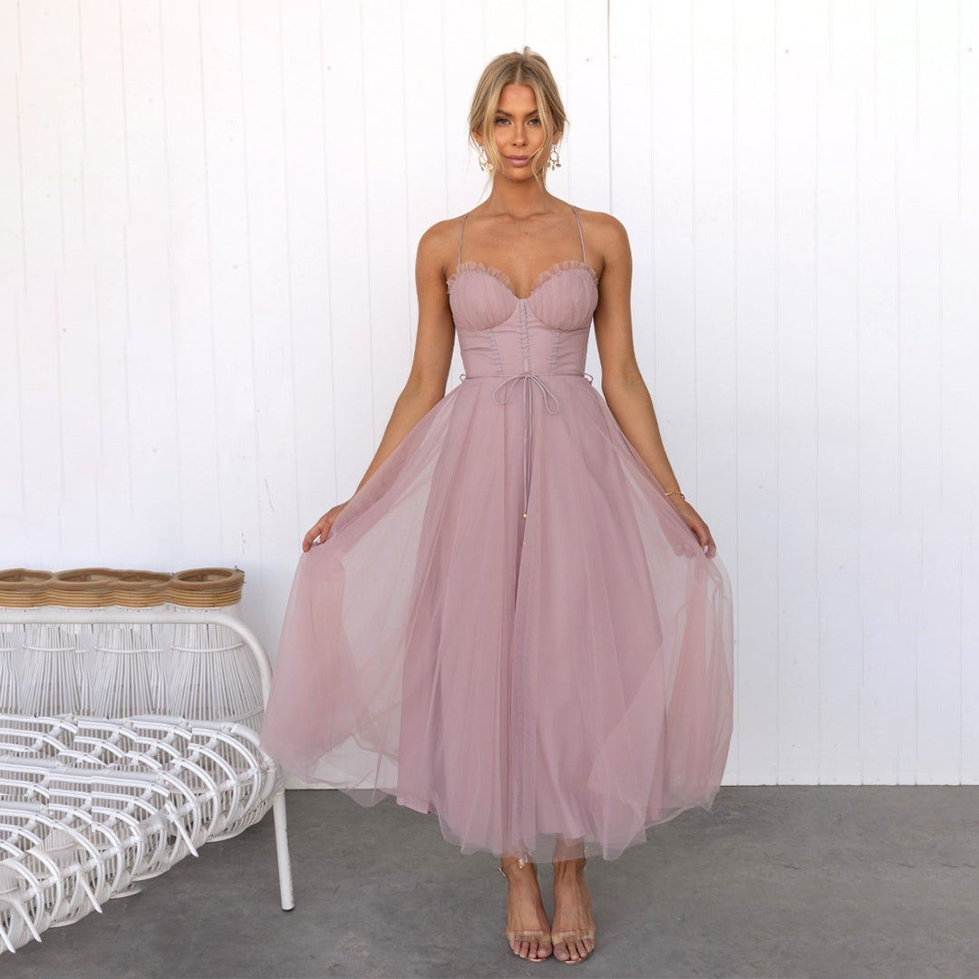 Women's Romantic Corset Tulle Midi Dress with Ruched Bust