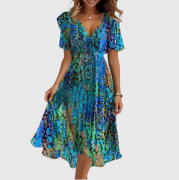 Women's Printed Flutter Sleeve V-Neck Midi Dress