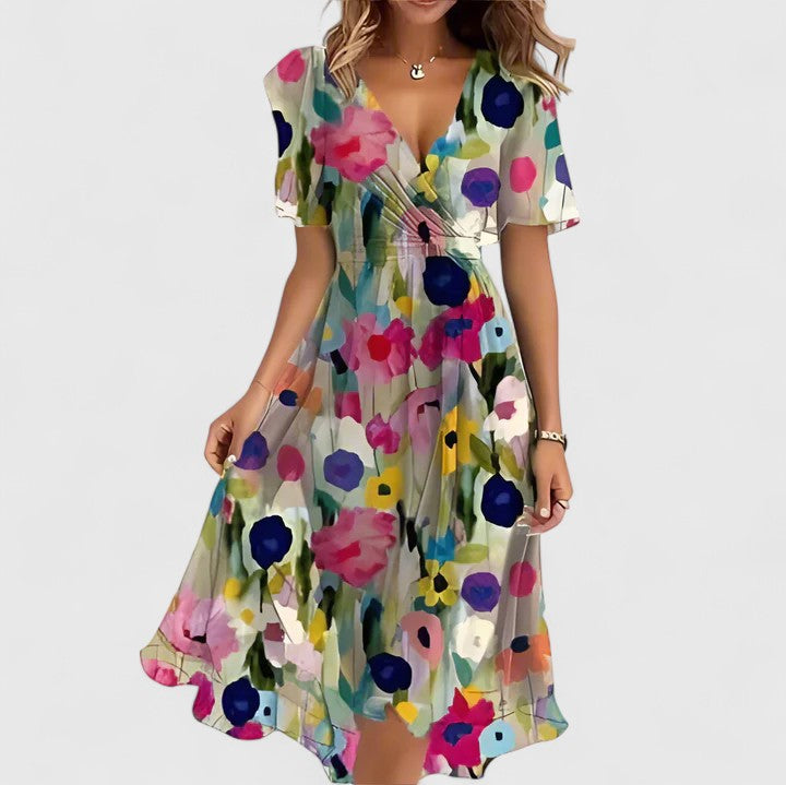 Women's Printed Flutter Sleeve V-Neck Midi Dress