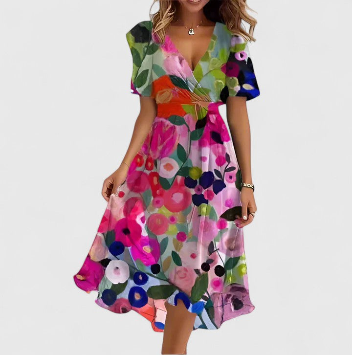Women's Printed Flutter Sleeve V-Neck Midi Dress