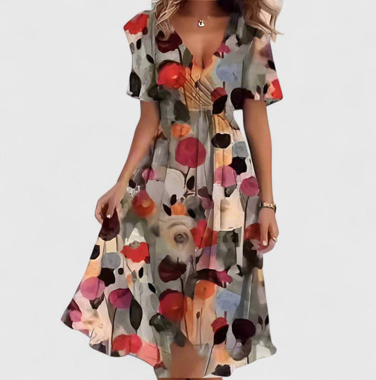 Women's Printed Flutter Sleeve V-Neck Midi Dress