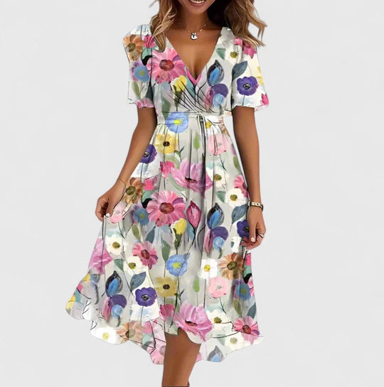 Women's Printed Flutter Sleeve V-Neck Midi Dress