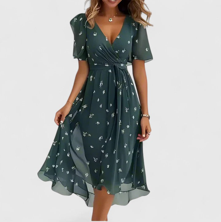 Women's Printed Flutter Sleeve V-Neck Midi Dress