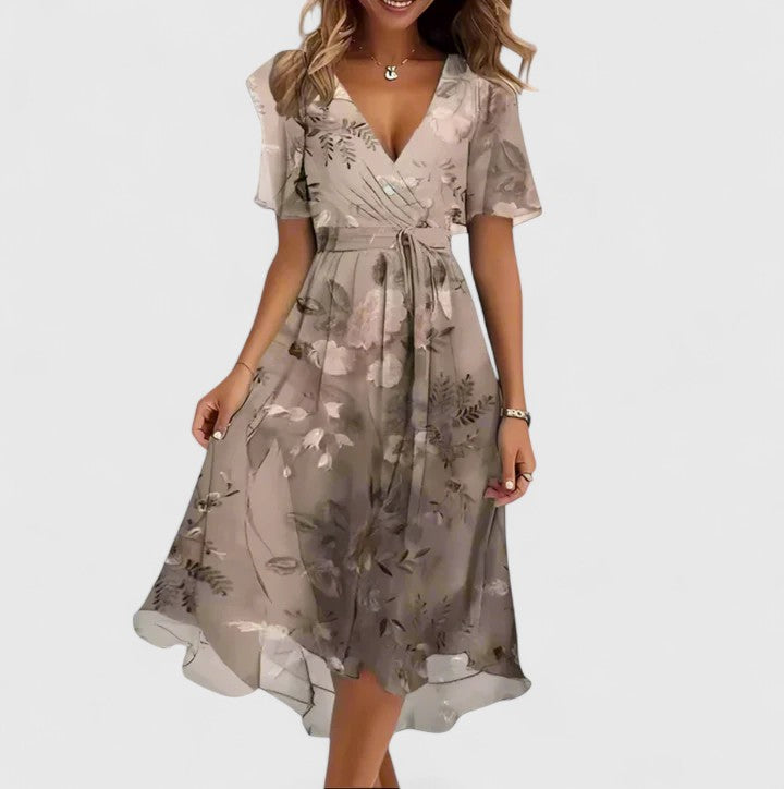 Women's Printed Flutter Sleeve V-Neck Midi Dress