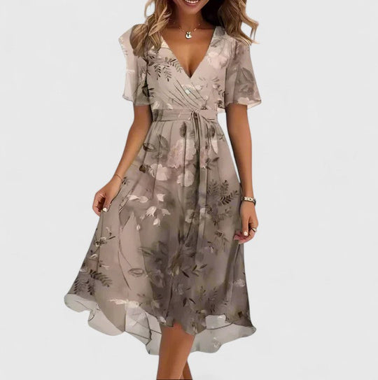 Women's Printed Flutter Sleeve V-Neck Midi Dress