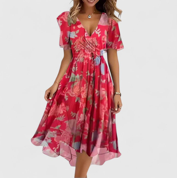 Women's Printed Flutter Sleeve V-Neck Midi Dress